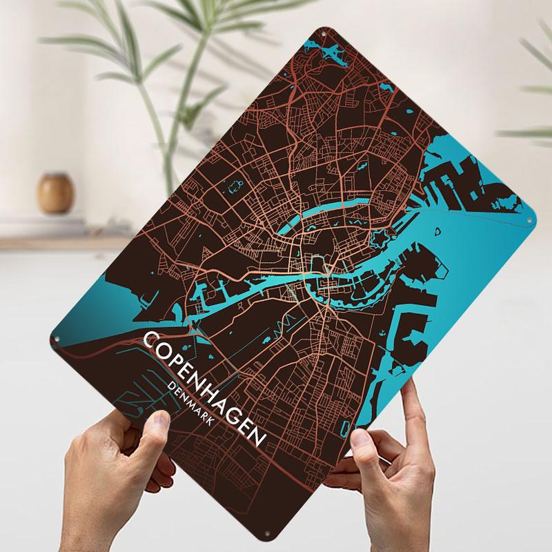 Copenhagen City Map Poster Customized Wall Art Vintage Metal Signs Retro Tin Plaque for Man Cave Gaming Room Decoration Cozy 20x30cm(7.8x11.8inch)