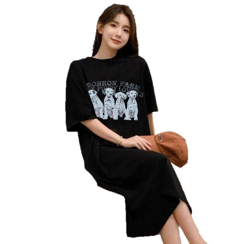 Large size women's clothing Korean short-sleeved t-shirt dress summer long over knee fat mm belly covering and thin split skirt