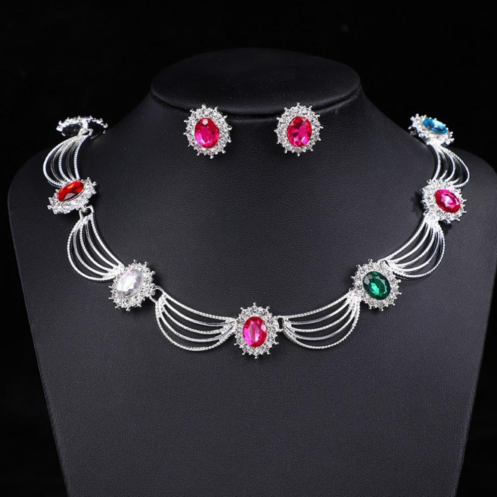 Gold-Tone Gemstone Necklace Set Geometric Statement Jewelry Set Earring Matching Set  Women