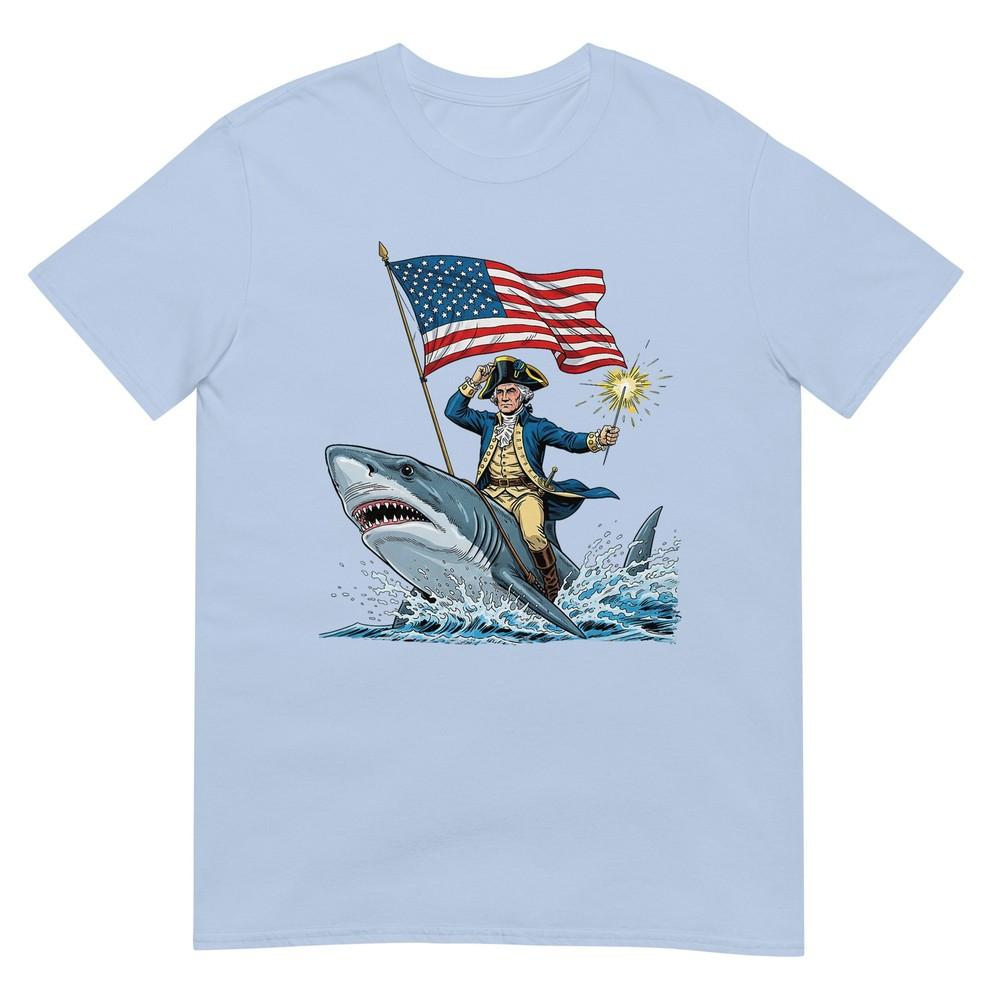 George Washington Riding Shark Funny July 4th American Flag Tshirt S