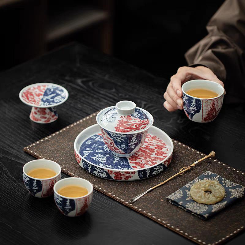 Retro blue and white three-talented cover bowl, single non-hot tea bowl, blue and white tea ware, kung fu tea set, household tea making bowl, tea cup.