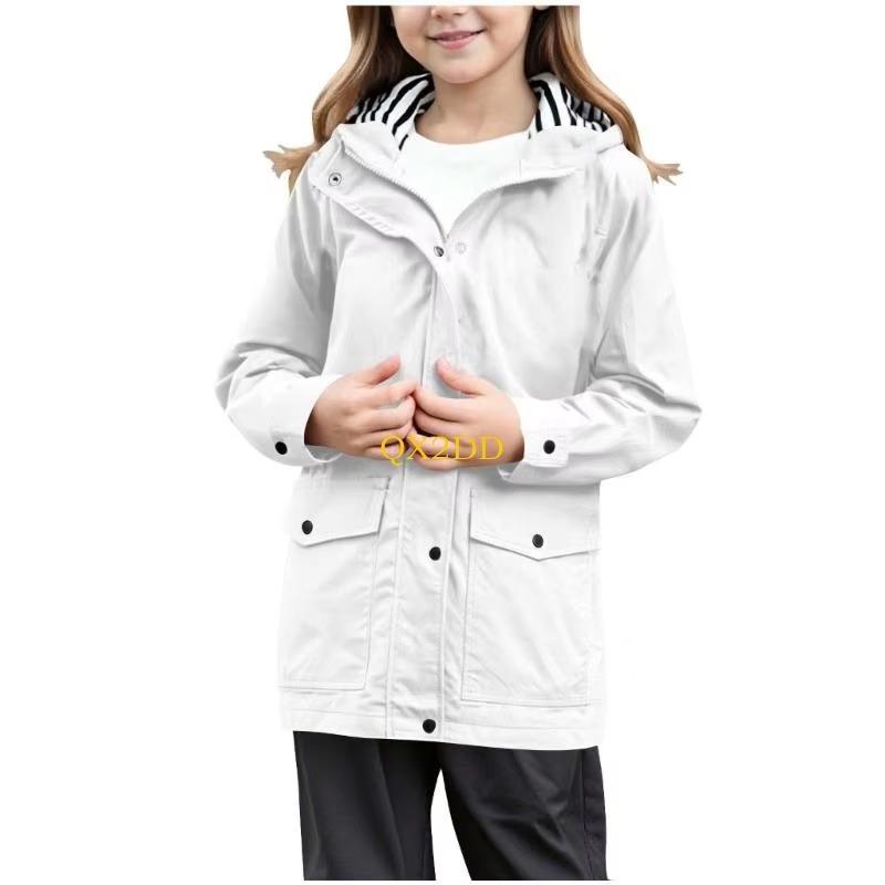Kids Boys Girls Lightweight Waterproof Raincoat Zipper Pocket Youth Button Hooded Windbreaker Coat