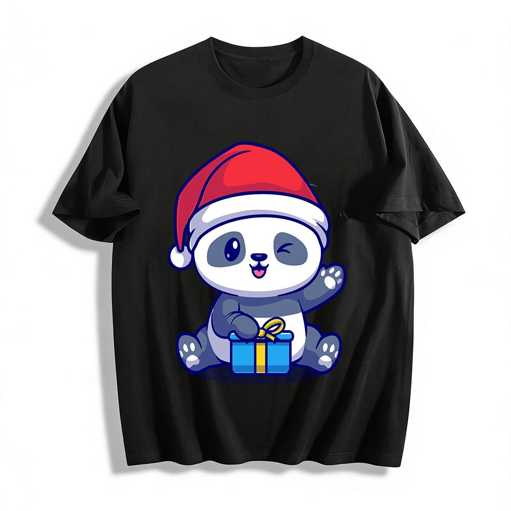 Рождественский Панда Подарочная Коробка Принт Повседневный Топ с Круглым Вырезом Хлопковая Футболка XXS