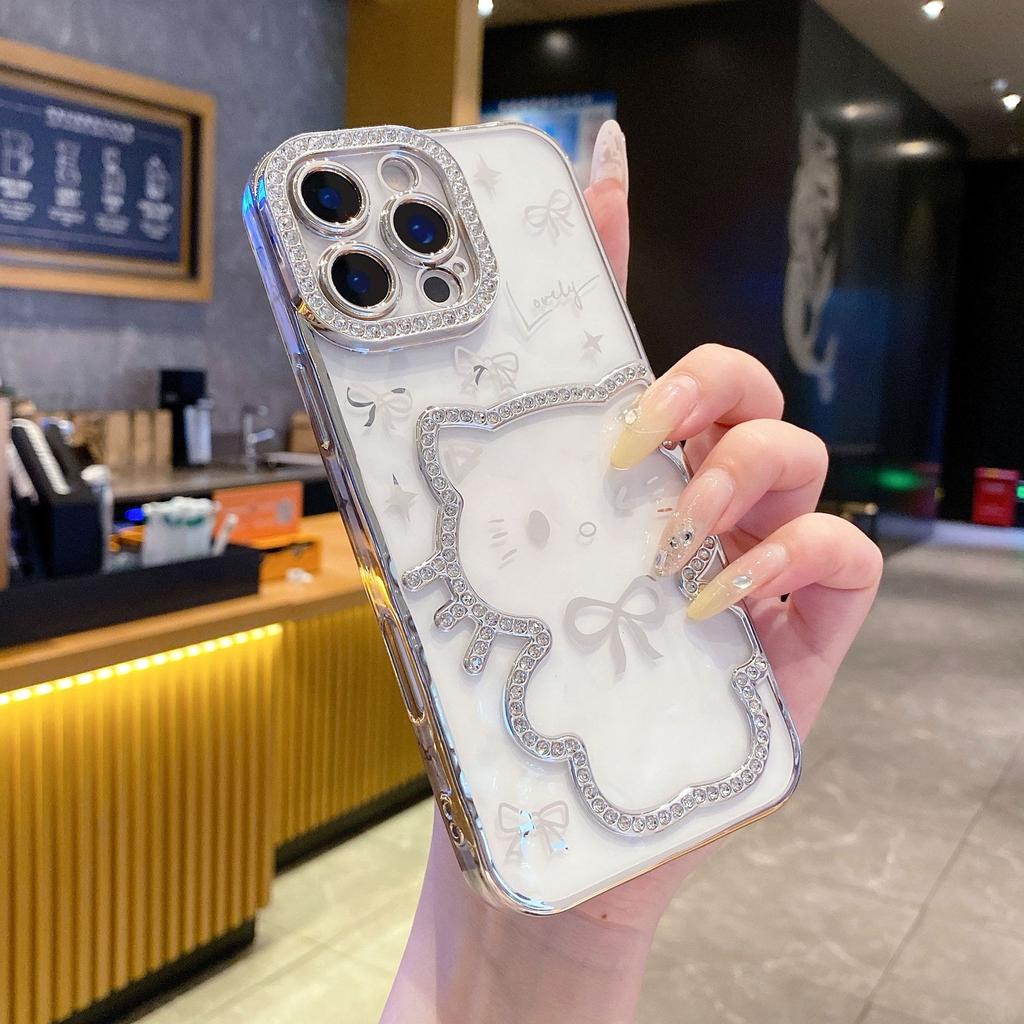 Electroplating Three-dimensional Point Drill Cute Cat iPhone16Promax Mobile Phone Case for Apple 15 Bow 14/13