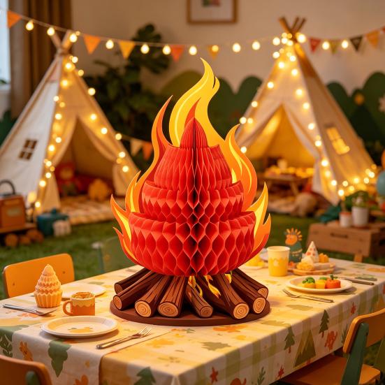 Fake Campfire Decoration 3D Paper Honeycomb Campfire Centerpiece Artificial Flame Folding