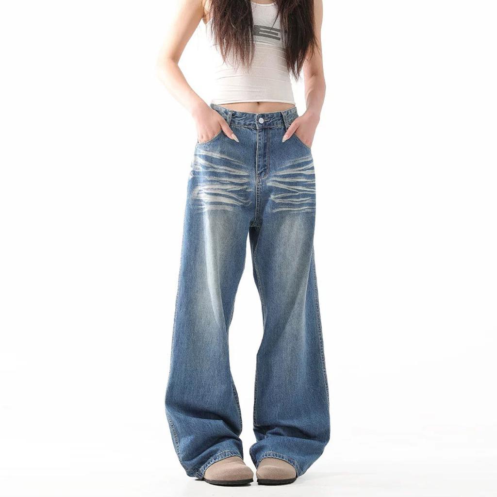 Ladies' Retro Design Versatile Crease Washed Denim Jeans Trendy Straight Leg Wide Leg Mop High Street Jeans