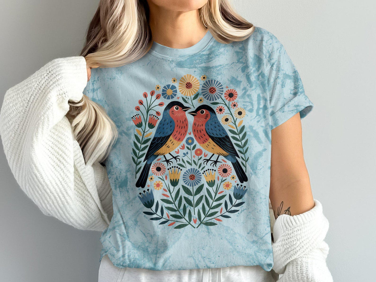 Colorful Bird Scandinavian Folk Art Cottagecore T-Shirt, Floral Birds Design Tee, Nature Inspired Graphic Shirt, Vibrant Bird Art Clothing, S