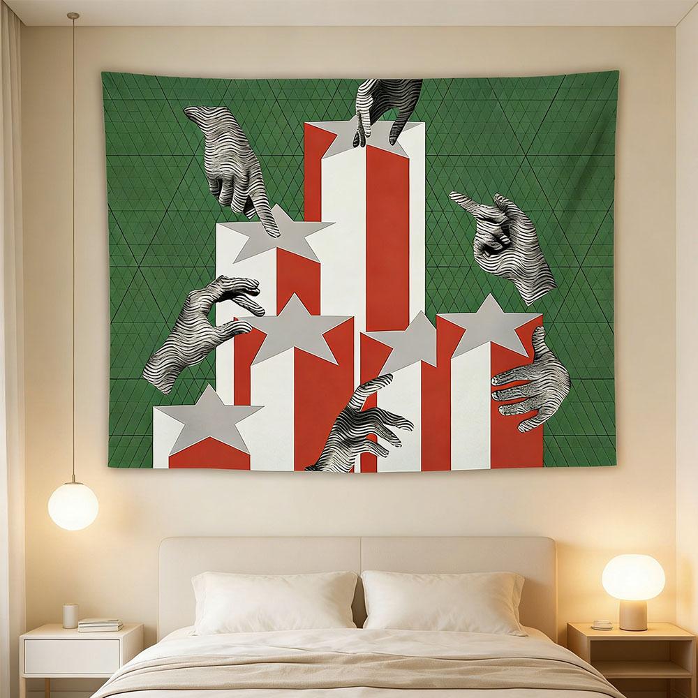 Surrealer Patriotischer Hände Wandteppich Moderner Kunstdruck Polyester Wandbehang für Wohnzimmer Abstrakt Sternen und Streifen Motiv Zuhause