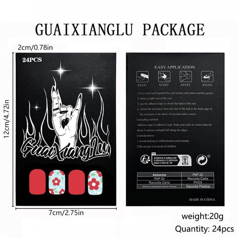 Square Press On Nail Flower Fake Nail Glues On Nail Artificial Acrylic Nail 12 Size 24pcs Stick On Nail for Women Girls