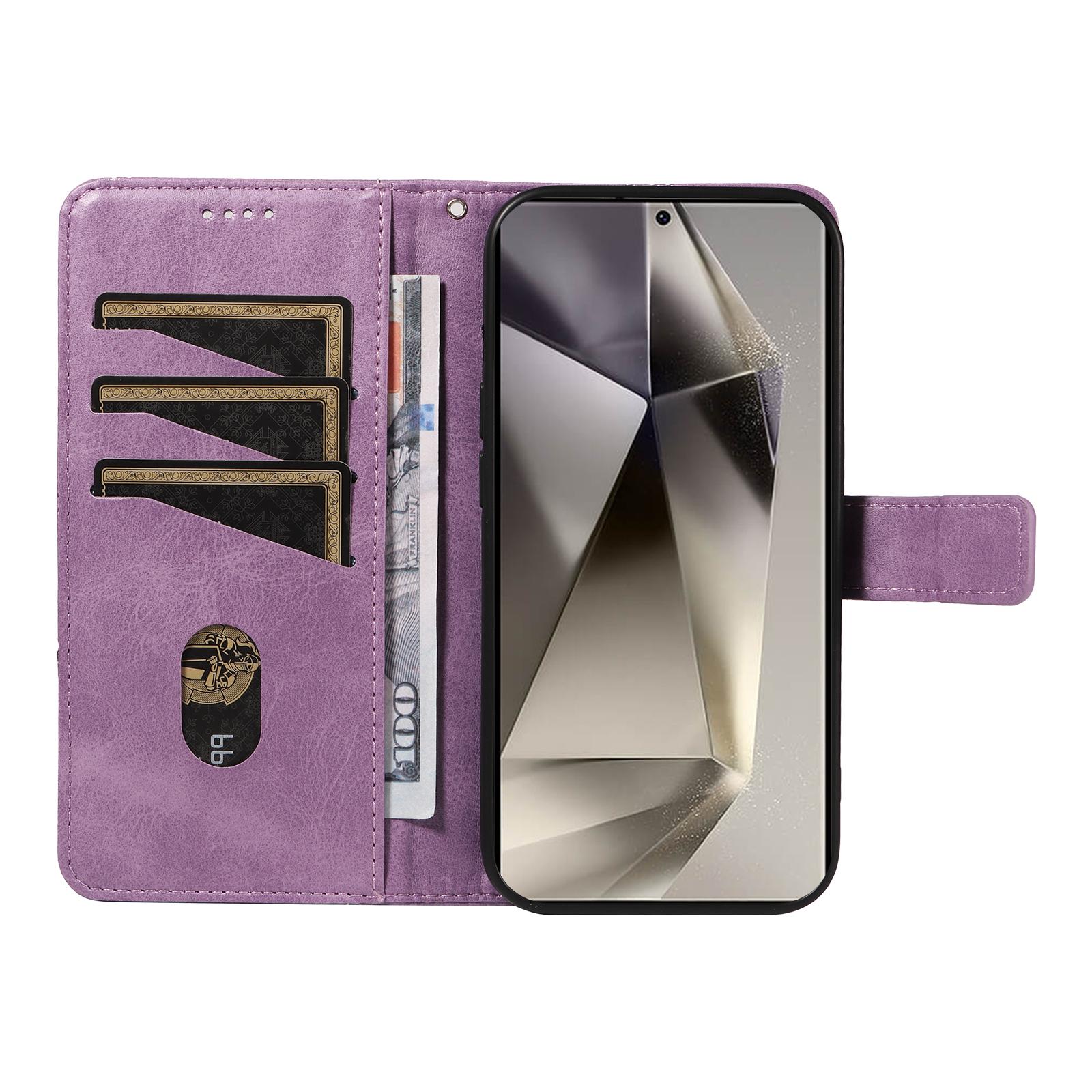 

For Samsung Galaxy S25 Ultra Case Leather Geometric Line Wallet Phone Cover with Wrist Strap Light Purple