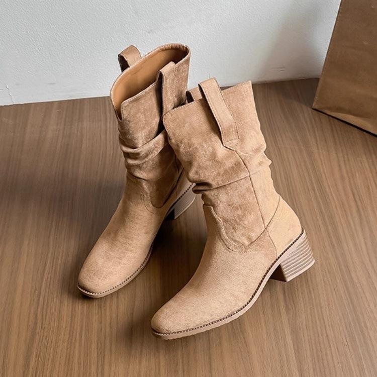 Leather version! Western pleated short boots women's pile boots retro British style small man inner height increase medium tube Martin boots