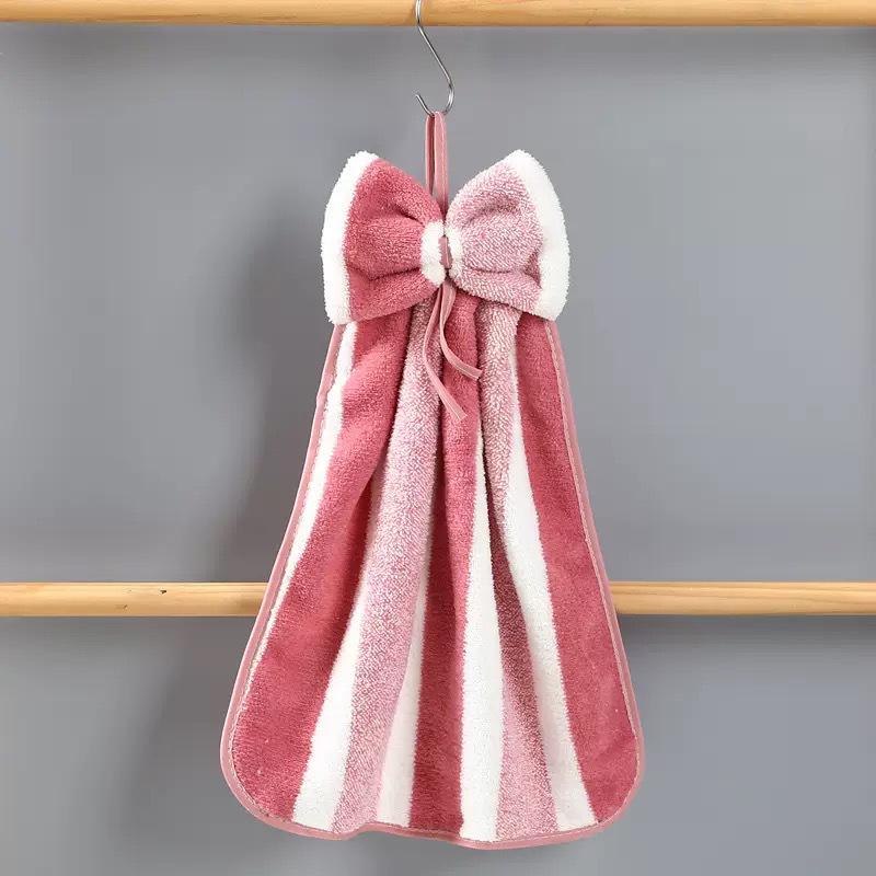 Super Absorbent Coral Fleece Hanging Hand Towel with Bow Knot - Soft Cleaning Cloth