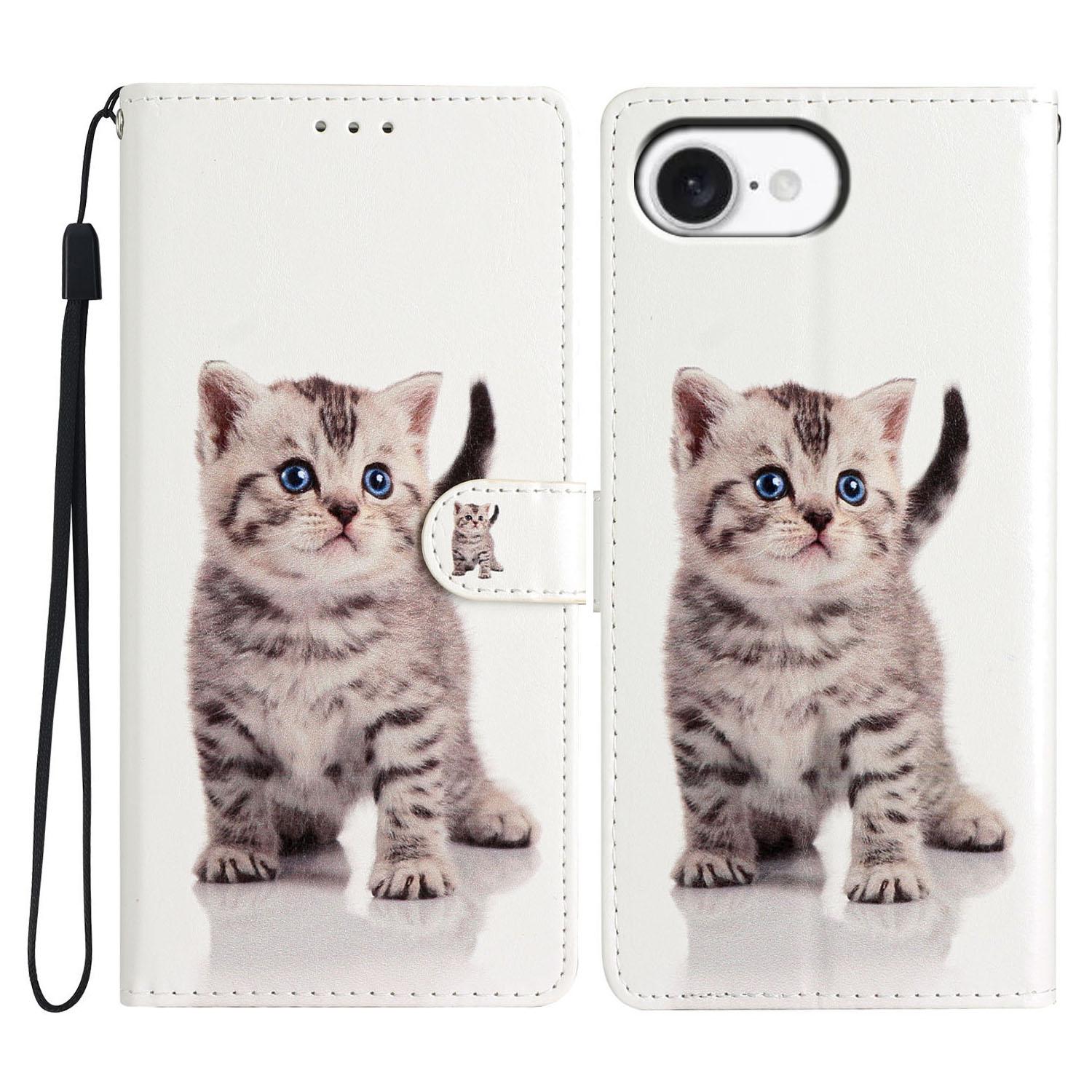 

For iPhone 16e Wallet Case PU Leather Pattern Printing Stand Phone Cover with Strap Cute Cat