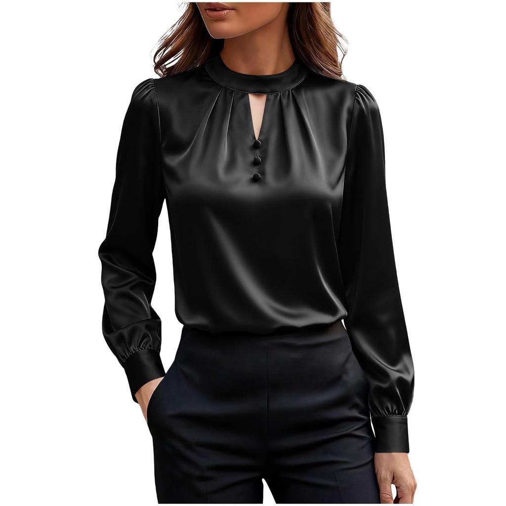 Women's Color Round Neck Long Sleeve Button Casual Business Shirt Top
