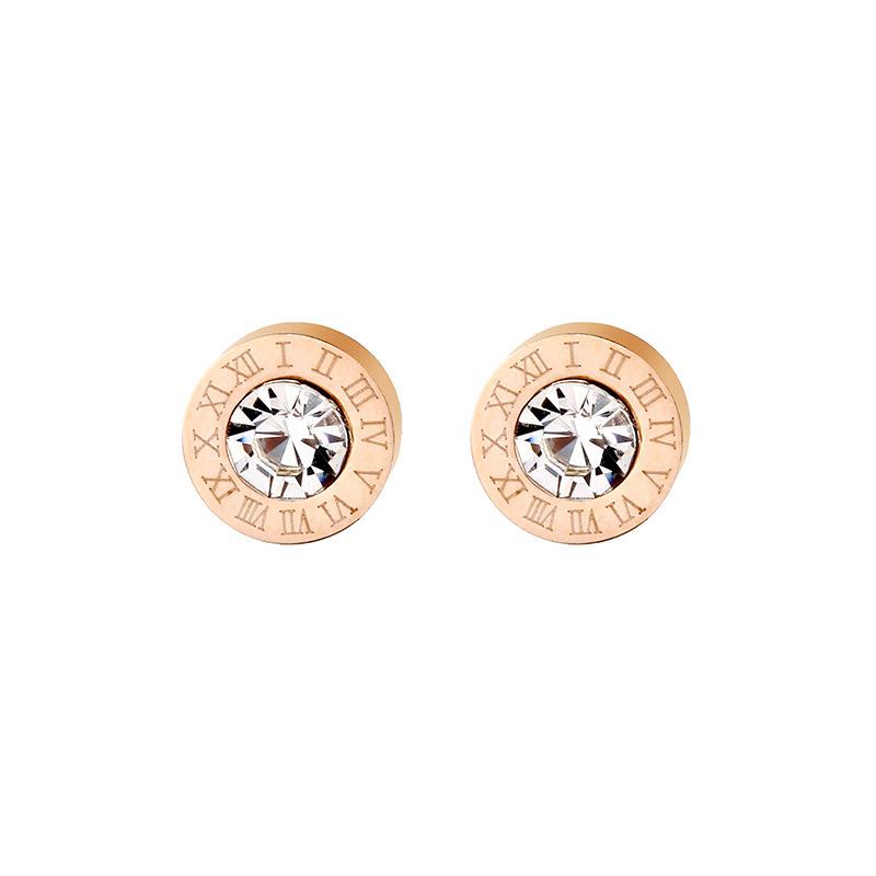 Trendy Geometric Circular Zircon Crystal Roman Numerals Stud Earrings for Women Vintage Style Stainless Steel Earring Jewelry