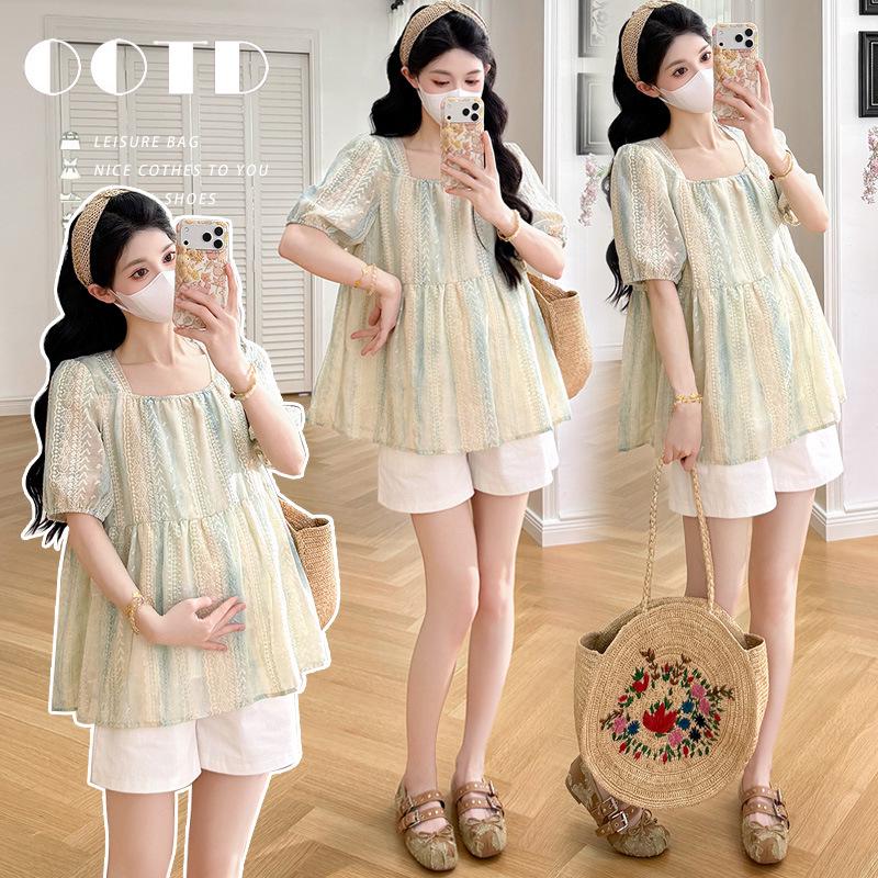 2026 Fashionable Summer Maternity Top: Sweet Square Neck Embroidered Doll Shirt, Korean Style, Loose Fit, Belly Covering XL