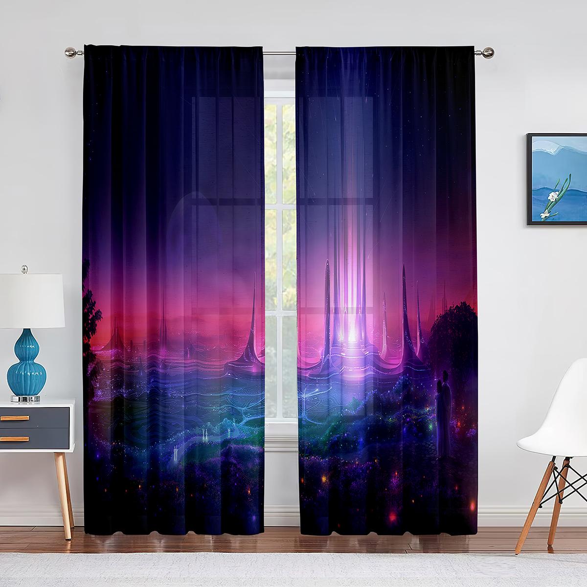 Тюлевые шторы с фиолетовым цветком и полем одинокого дерева — фото 8