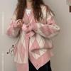 Korean Style Diamond Pattern Color Block Knit Cardigan - Women's Trendy Loose-Fit Sweater, Autumn 2025