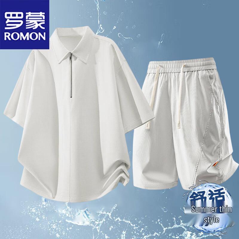 ROMON Men s Summer Casual Lapel Top & Shorts Set 4XL