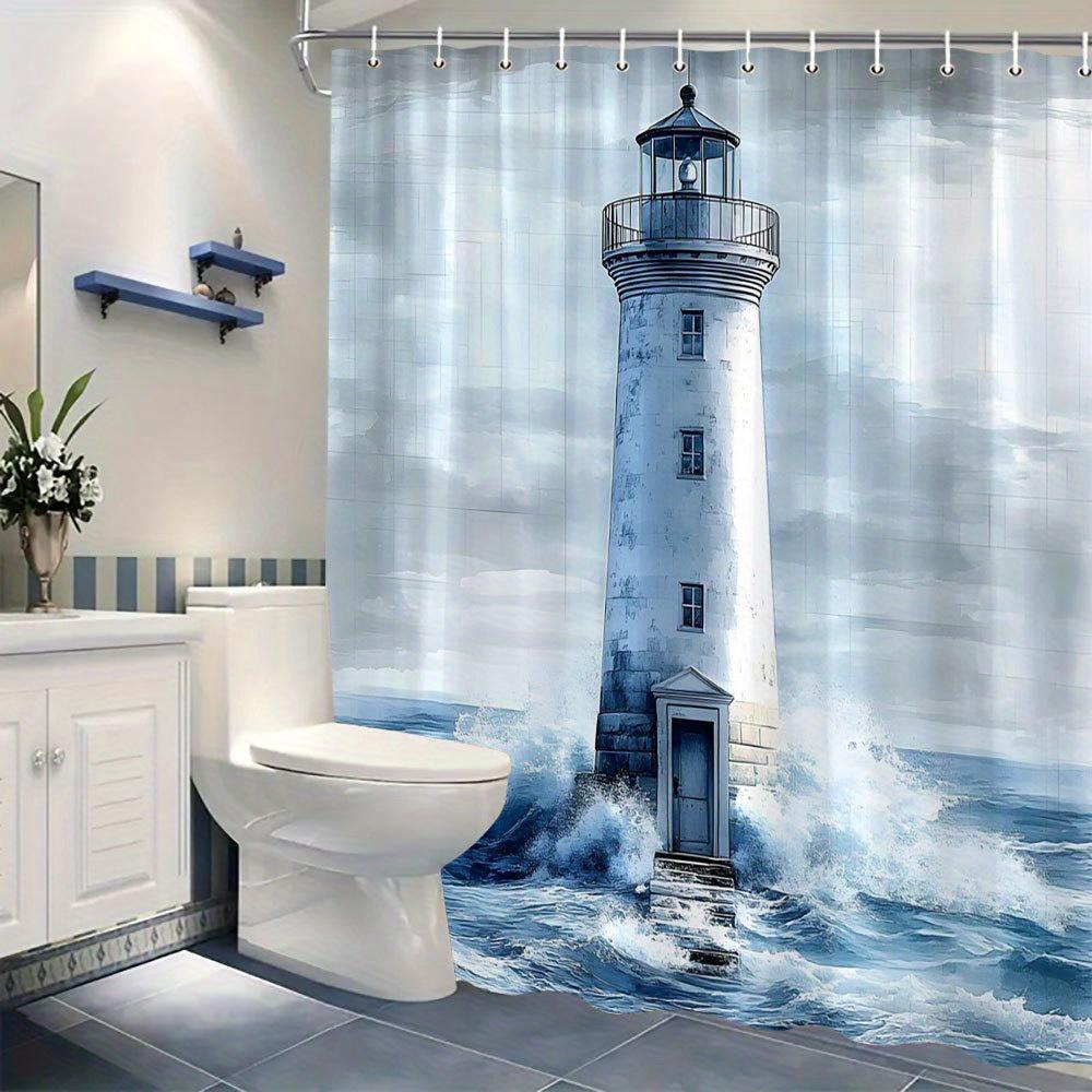 Coastal Lighthouse Shower Curtain Realistic Ocean Scene White Beacon Blue Waters Rugged Sky Polyester Washable with Hooks