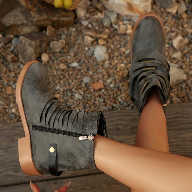 Women's Large Size High Heel Round Toe Buckle Side Zip Chunky Heel Casual Ankle Boots.