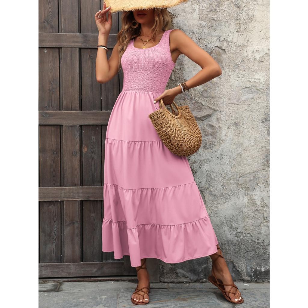 Dames U-hals Mouwloze Midi Jurk Losse Pasvorm Hoge Taille Elegante Gelaagde A-lijn Maxi Jurk
