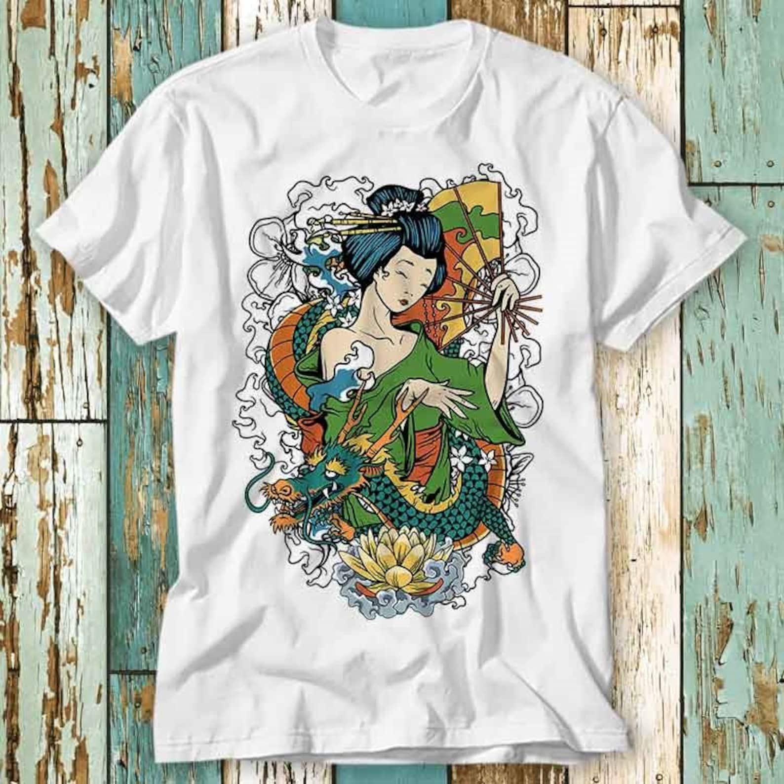Geisha Tokyo Japan Japanese Art Dragon Flowers T-Shirt Top Design Unisex Ladies Mens Tee Retro Fashion Vintage Shirt S723 3XL