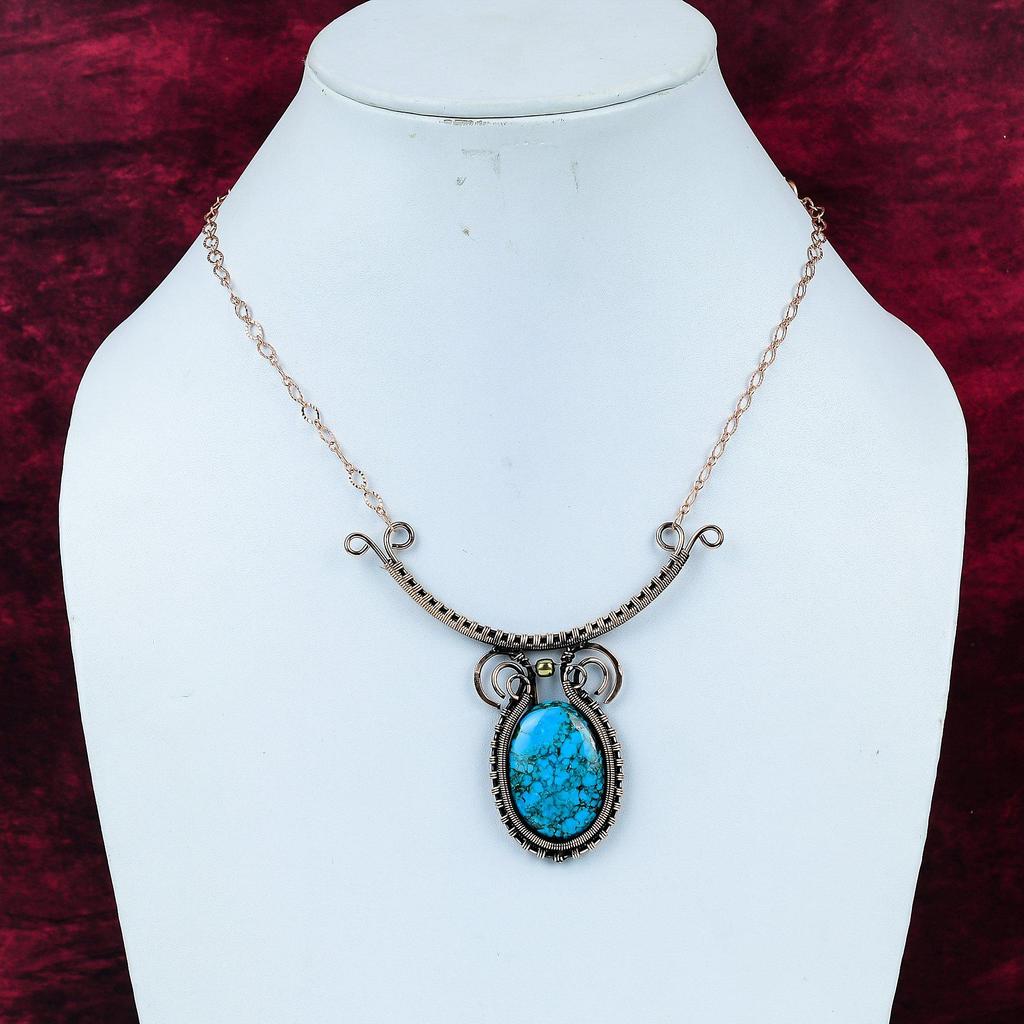 Tibetan Turquoise Necklace Copper Wire Wrapped Necklace Adjustable Chain Necklace Handmade Copper Jewelry Gemstone Necklace Engagement Gifts