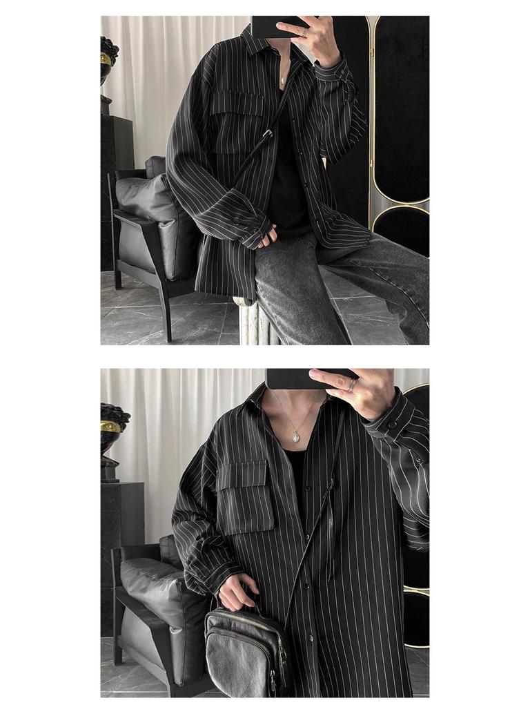 Men's Harajuku Style Striped Long Sleeve Shirt - Trendy, Casual, Loose-Fit, Versatile Korean Button-Down Jacket