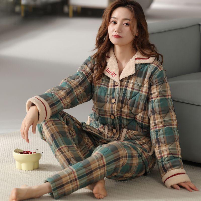 Bunda Pyžamo Dámské Zimní Třívrstvé Teplé Plyšové Zahuštěné Domácí Oblečení Neformální Středního Věku Mladé Pyžamo Set