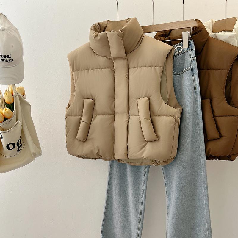 Neuer Herbst- und Winter-Kurz-Baumwollweste mit hohem Bund für Damen, kleines Mode-Lässiges Koreanisches Version Vielseitige Weste, Dünne Jacke mit Stehkragen