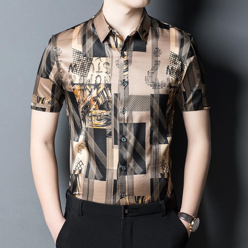 Men's Short-Sleeved Business Shirt Men's Summer Middle-Aged Lapel Shirt Men's Loose Printed Top