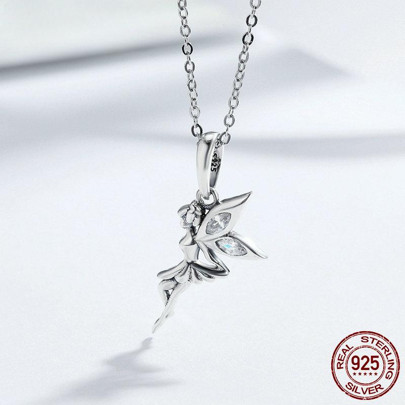 Authentic 100% 925 Sterling Silver Flower Fairy Pendant Long Chain Necklace for Women Birthday Gift Fine Jewelry