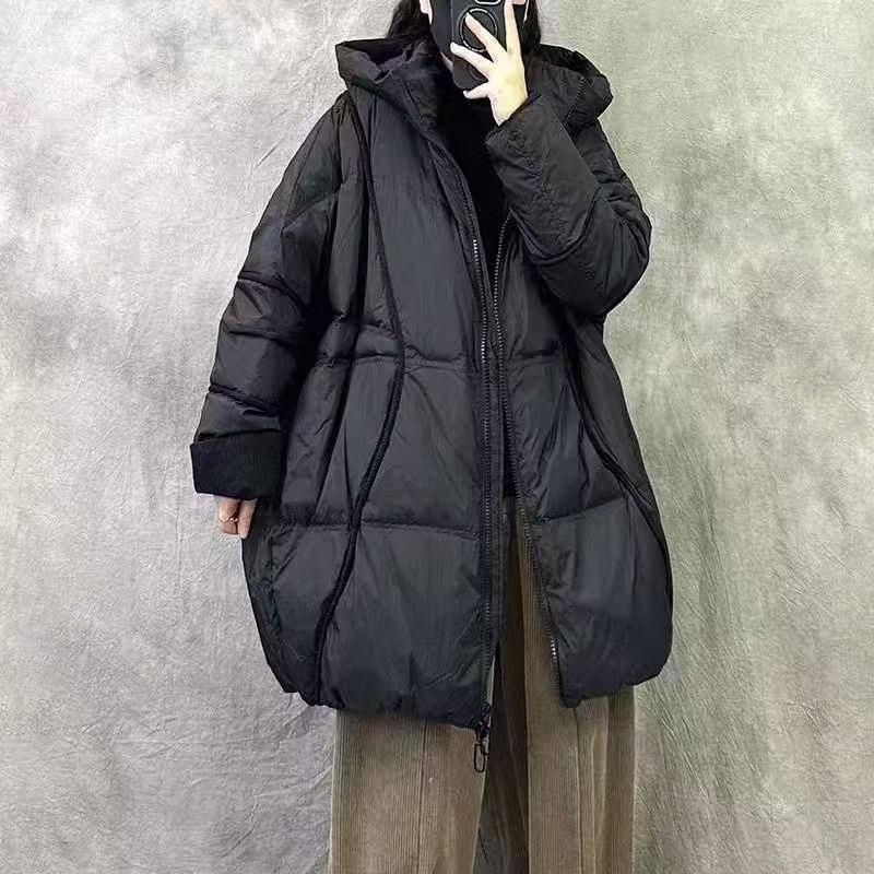 Autumn and winter new European goods large size thickened hooded solid color white duck down jacket women's medium and long coat tide