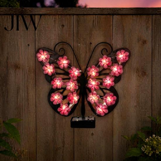 Decorative Butterfly Fence Lights 2Pcs Solar Outdoor Metal Wall Decor, IP65 Waterproof Garden Art with Lights, Hanging for Patio Porch