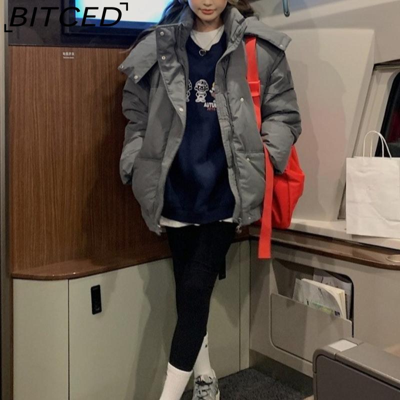 BITCED New Style Women's Winter Short-Length Hooded Puffer Jacket with Design-Forward Thickened Fleece Lining
