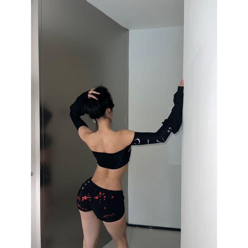 

European and American Style Gyaru Black Ripped Splash Ink Tassel Low Waist Demin shorts Women 2025 Spring and Summer New Sheath Hot Pants Black M