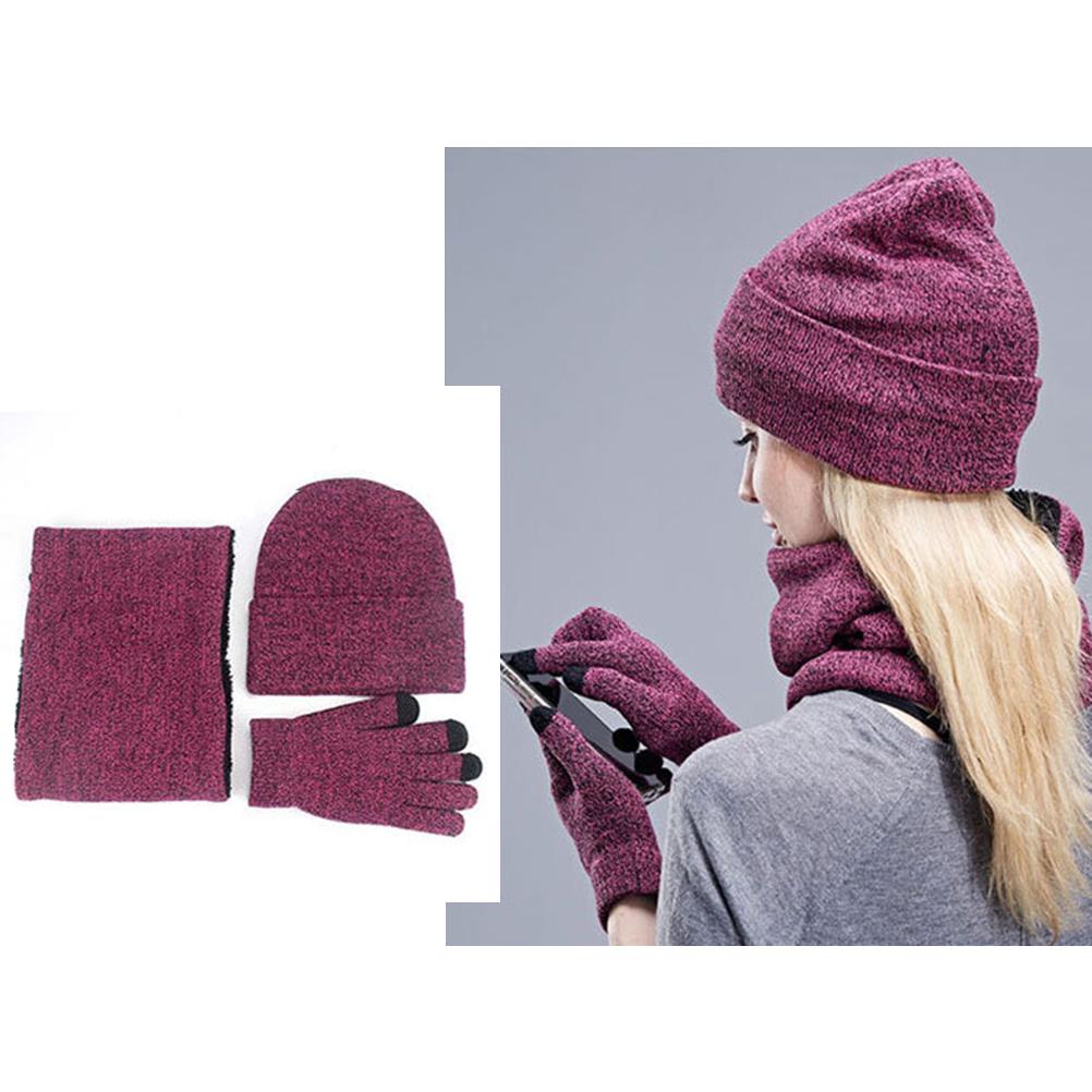 3Pcs Winter Knitted Hat Scarf Gloves Set Fleece Lined Warm Beanie Touch Screen Gloves for Women Men Outdoor Cycling