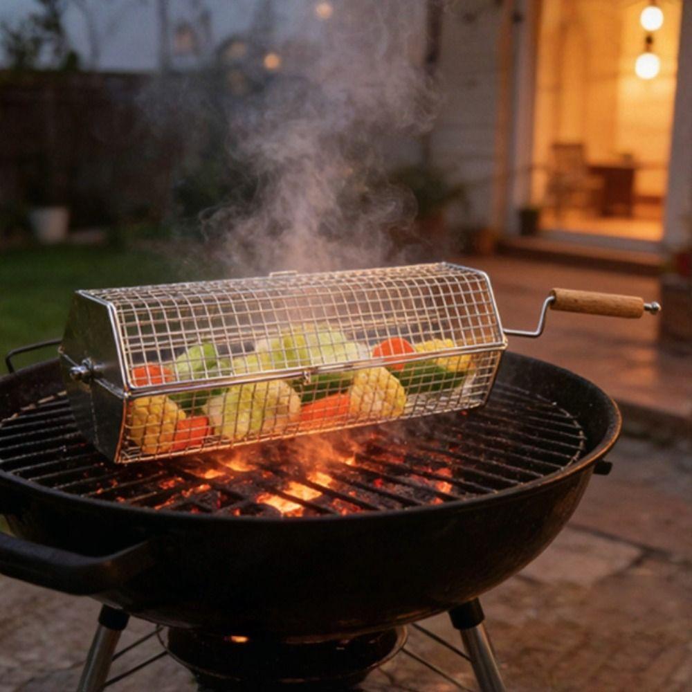 with Wood Handle Rolling BBQ Grill Mesh Basket Stainless Steel Grill Rotisserie Basket Picnic