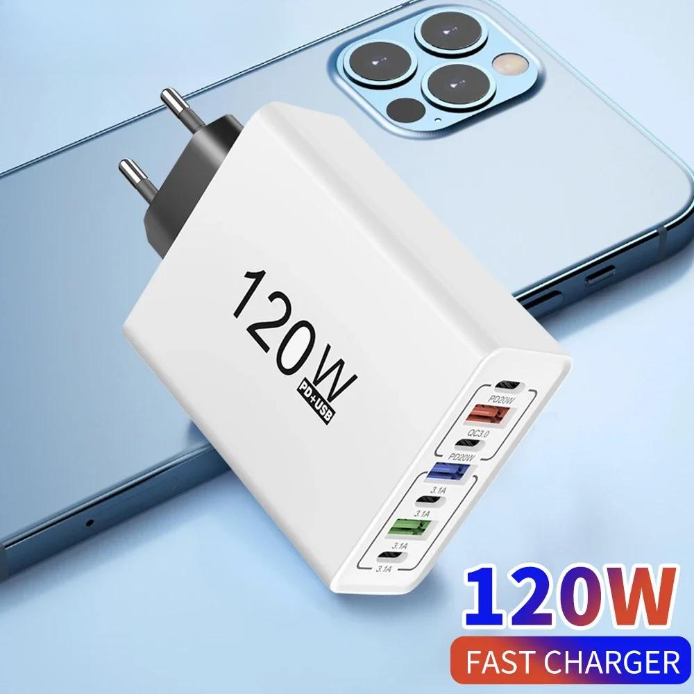 Typ C 120W USB C Ladegerät Mehrere Anschlüsse Schnelllade-Handy-Ladegerät-Adapter für iPhone Samsung Xiaomi Huawei EU/US-Stecker Wandladegerät
