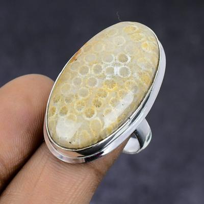 Fossil Coral Gemstone Handmade 925 Sterling Silver Gift Jewelry Ring Size 8 U6b15