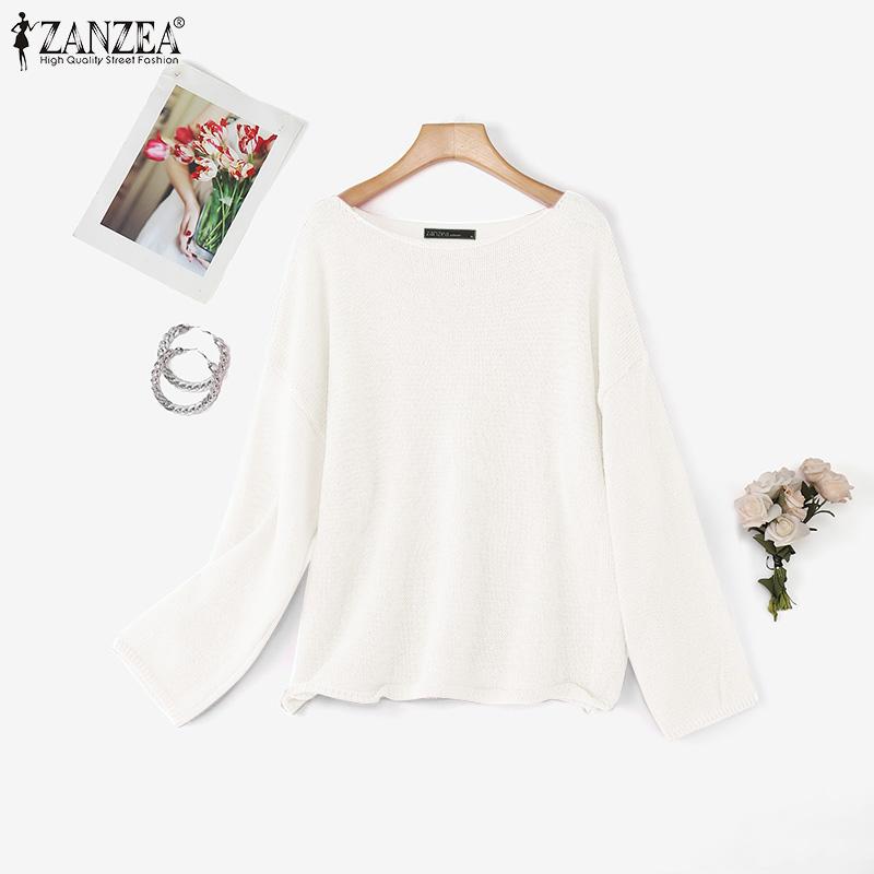 ZANZEA Autumn Womens Sweaters Long Sleeve Off Shoulder Casual Knitted Jumper Pullovers