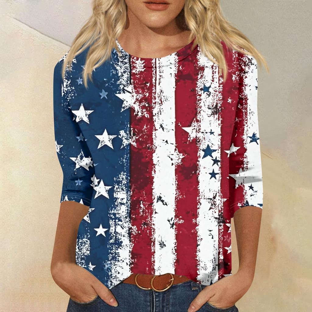 Women's Fashion Casual Seven-Sleeve Independence Day Print Round Neck Top