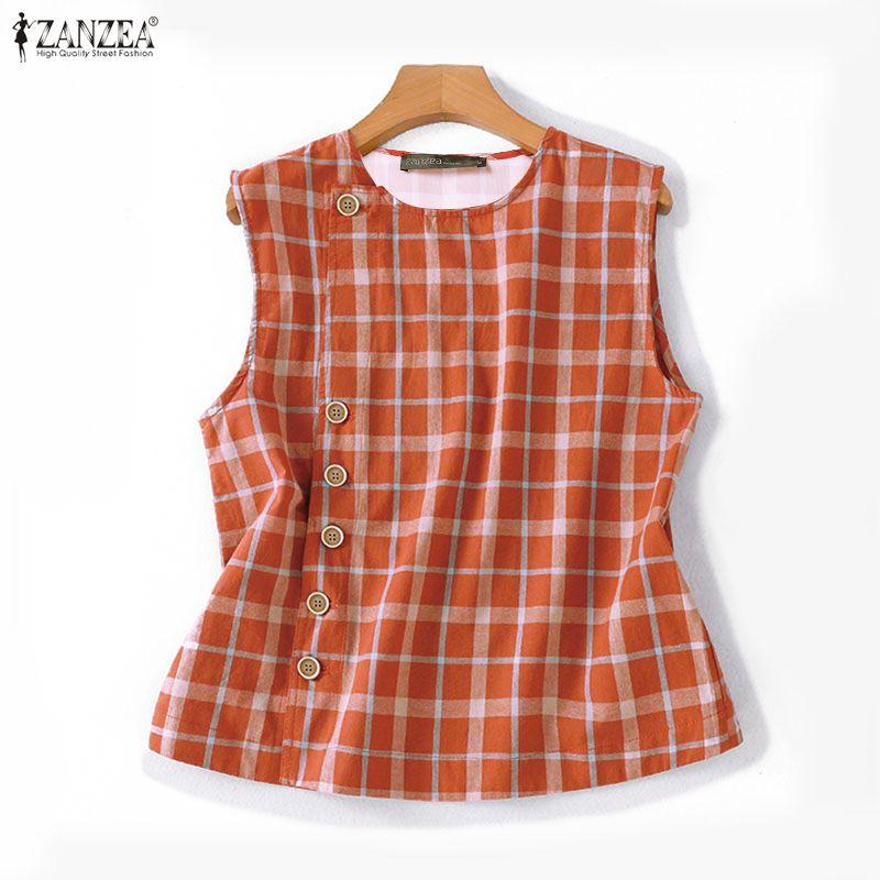 ZANZEA Women Casual Round Neck Summer Sleeveless Plaid Tank Tops