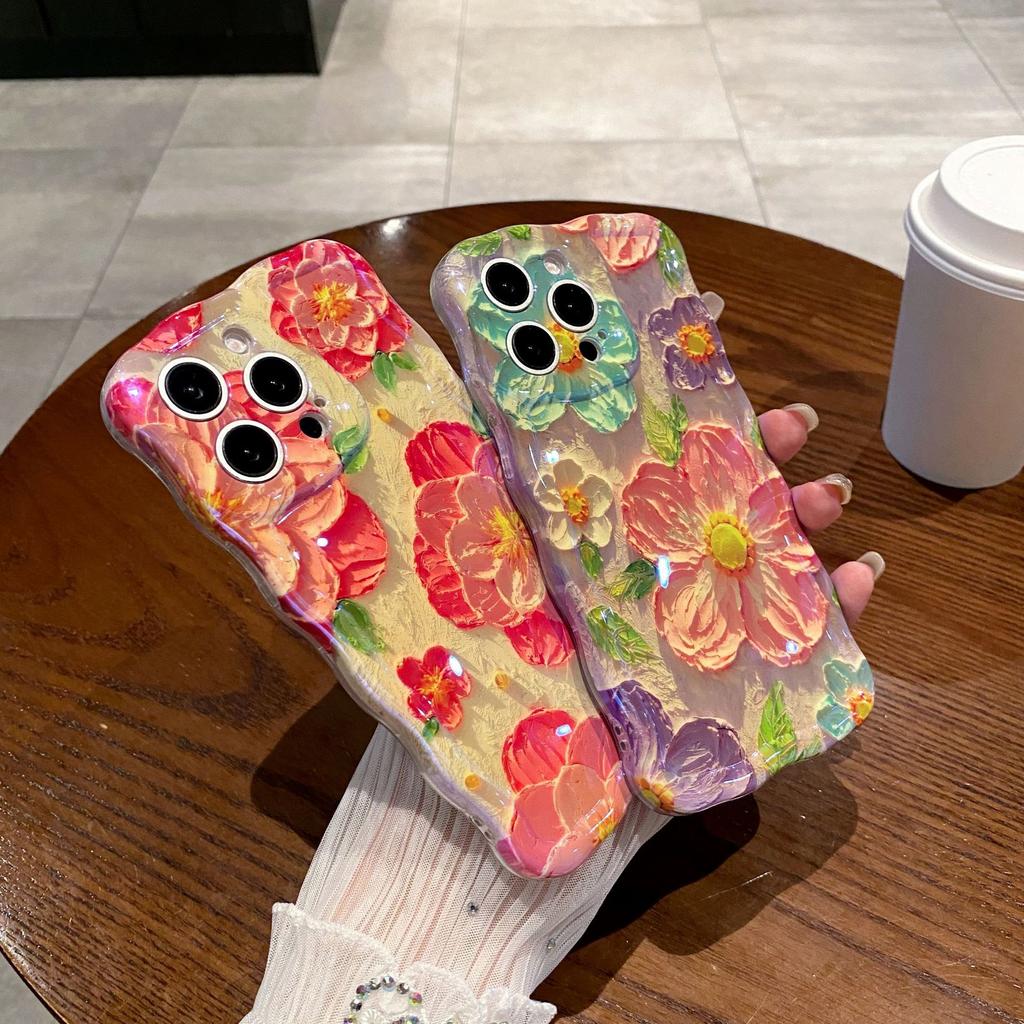 Twist Oil Painting Purple Flower Mobile Phone Case for Apple 16PRO Fine Hole Anti-drop 15/14 Flower Protective Case
