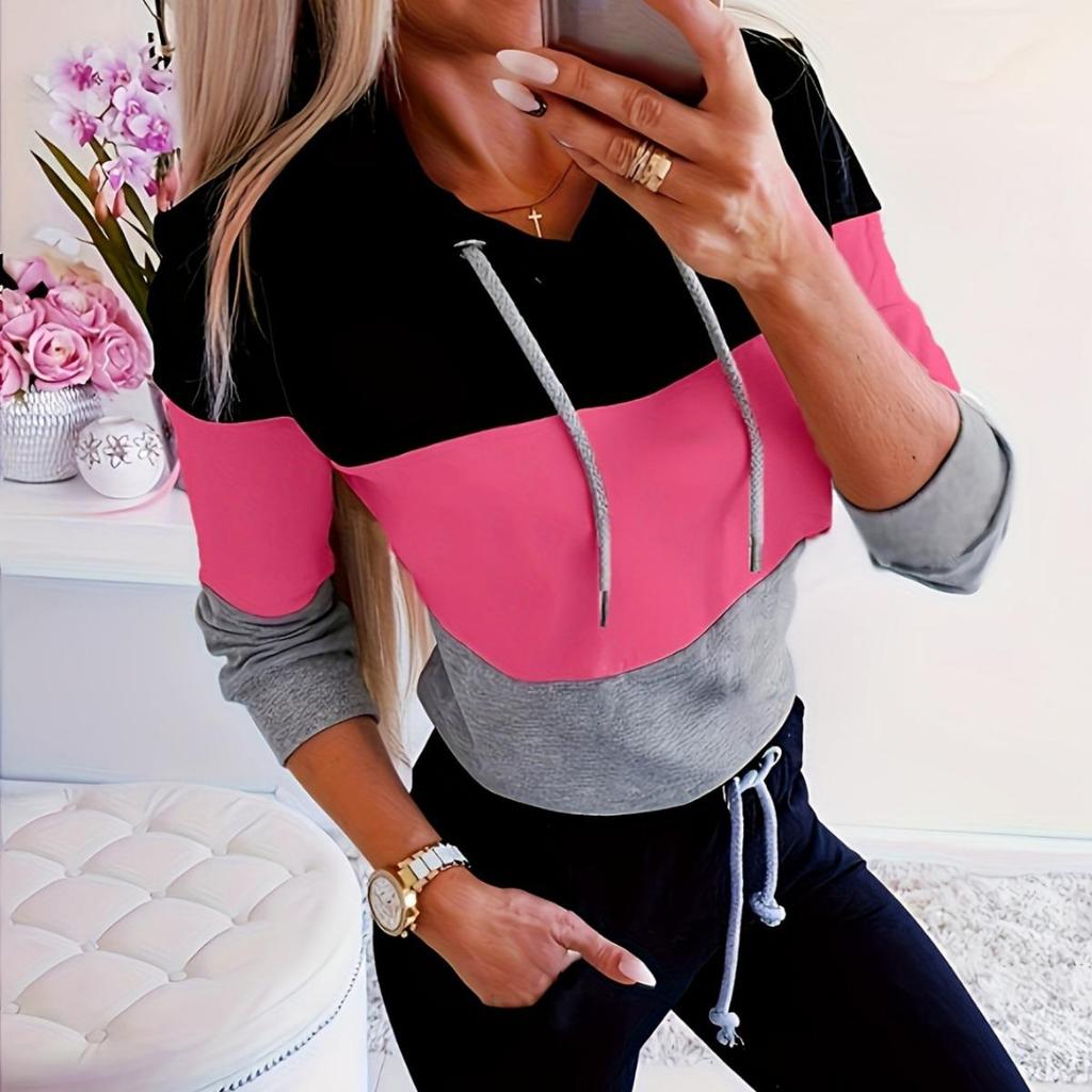 2025 Spring Long Sleeve Casual Color Block Hoodie Sweatshirt