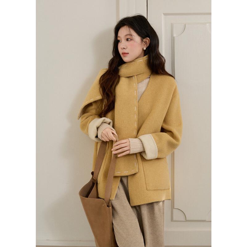 Women's Wool Double-Sided Coat with Integrated Scarf