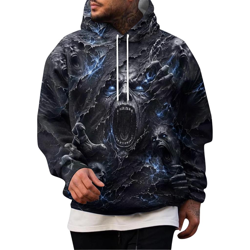 Men's Hooded Halloween Print Pullover Sweatshirt for Casual Costume and Holiday Festivities