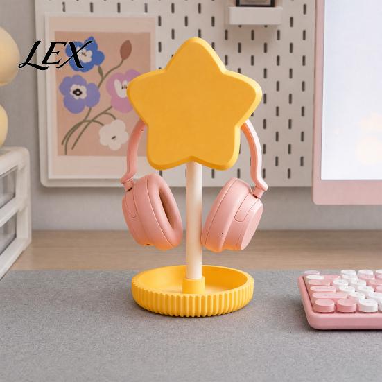 Anti-tangle Headphone Holder Cute Star Stand with Storage Tray, 3D Printed PLA Headset Hanger & Desk Organizer for Small Items Organizer, Macaron