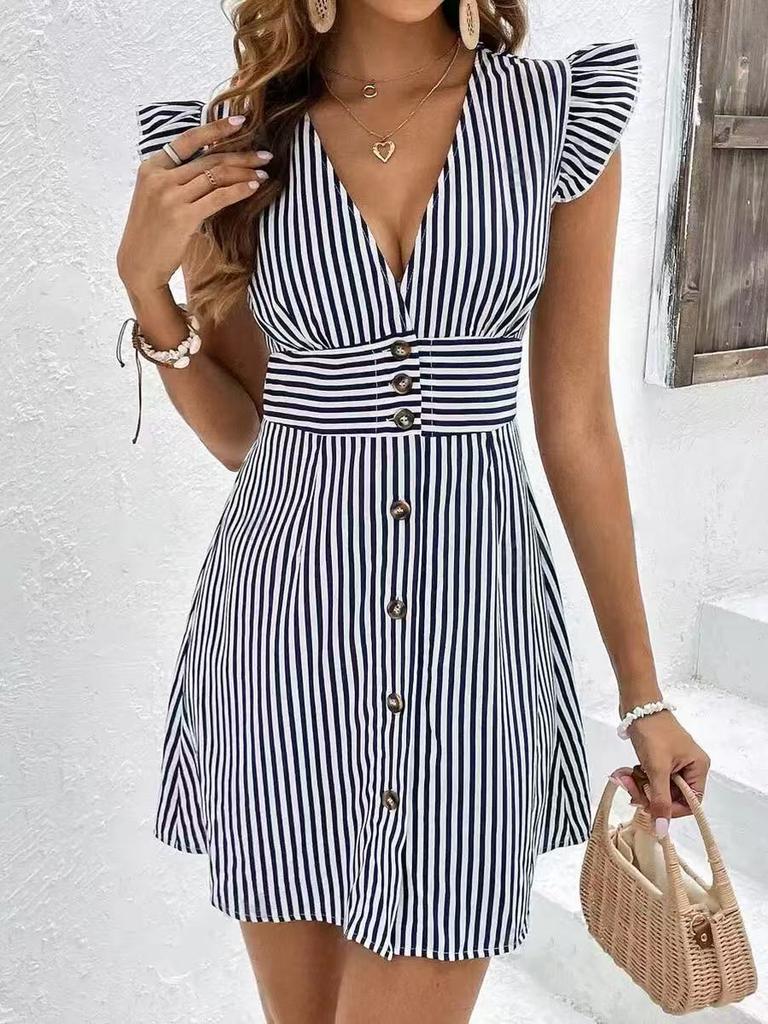 New Summer Women's Fashion Striped Printed V-Neck Flare Sleeve Dress